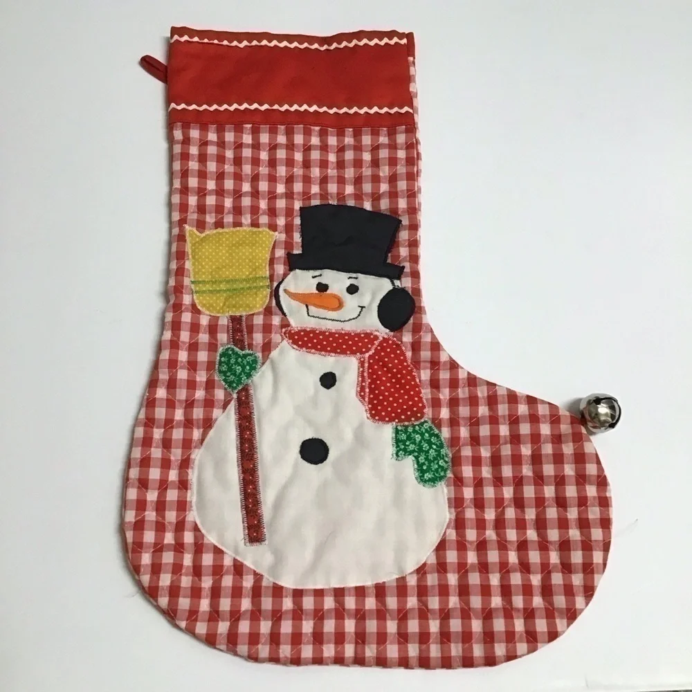 Vintage 80s Snowman Christmas Stocking Quilted Applique Handmade Red Gingham 18”